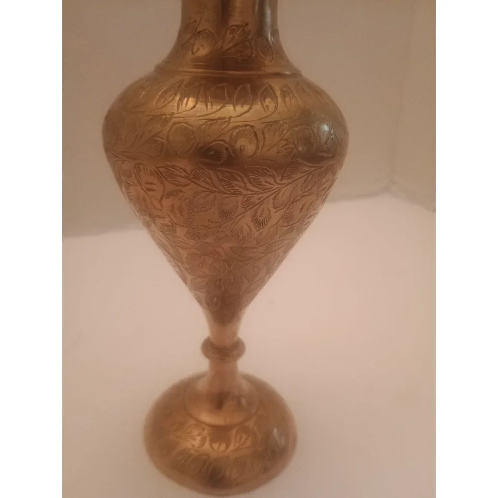 Vintage 8 inch Brass vase with scalloped edges etched floral design
